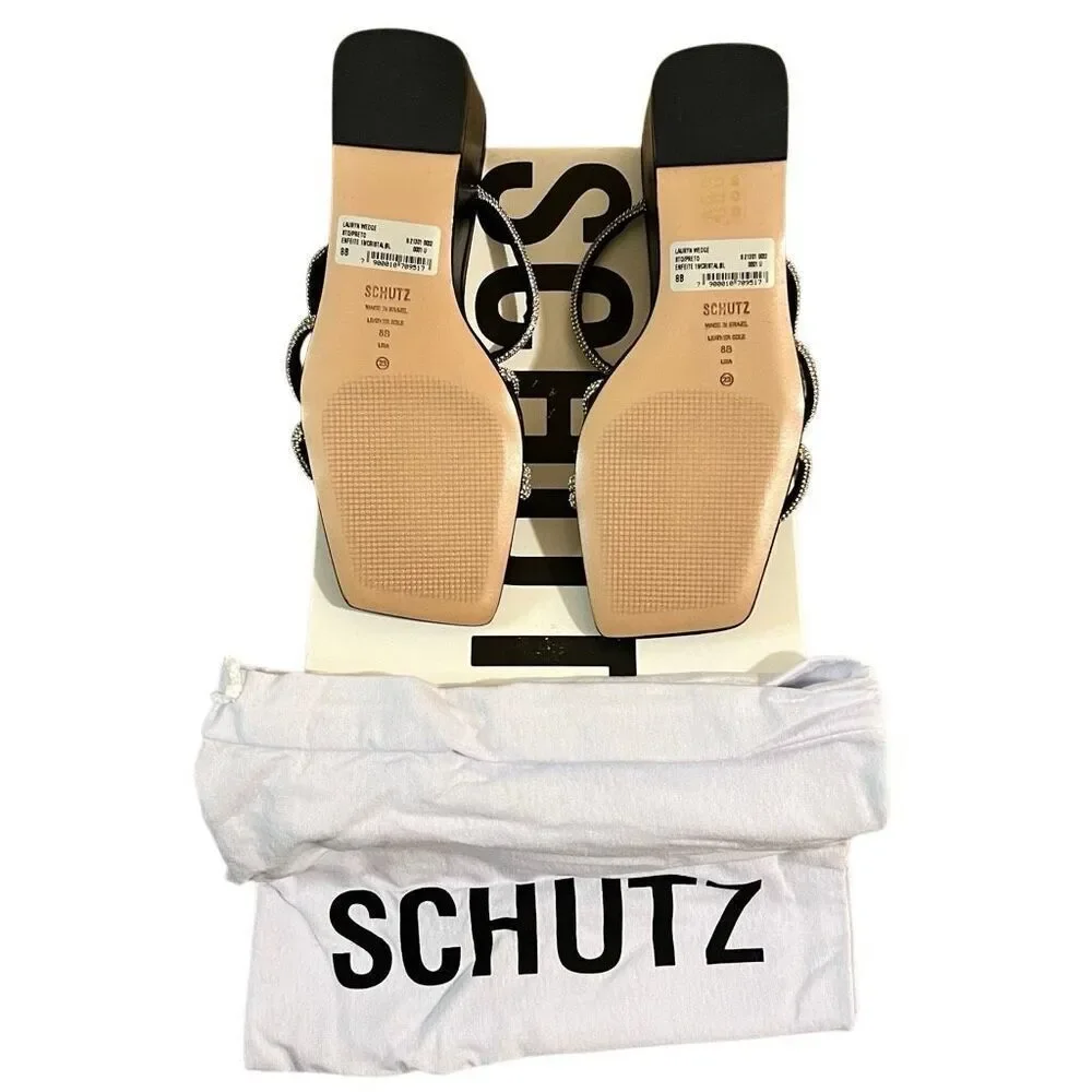 NEW SCHUTZ Lauryn Wedge Black Leather Metallic Wedge Block heel square toe 8 - Picture 2 of 6